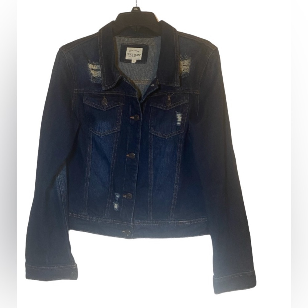 Wax Jean Basic Blue Denim Buttonup Sz L Distressed Band at bottom women’s Jacket